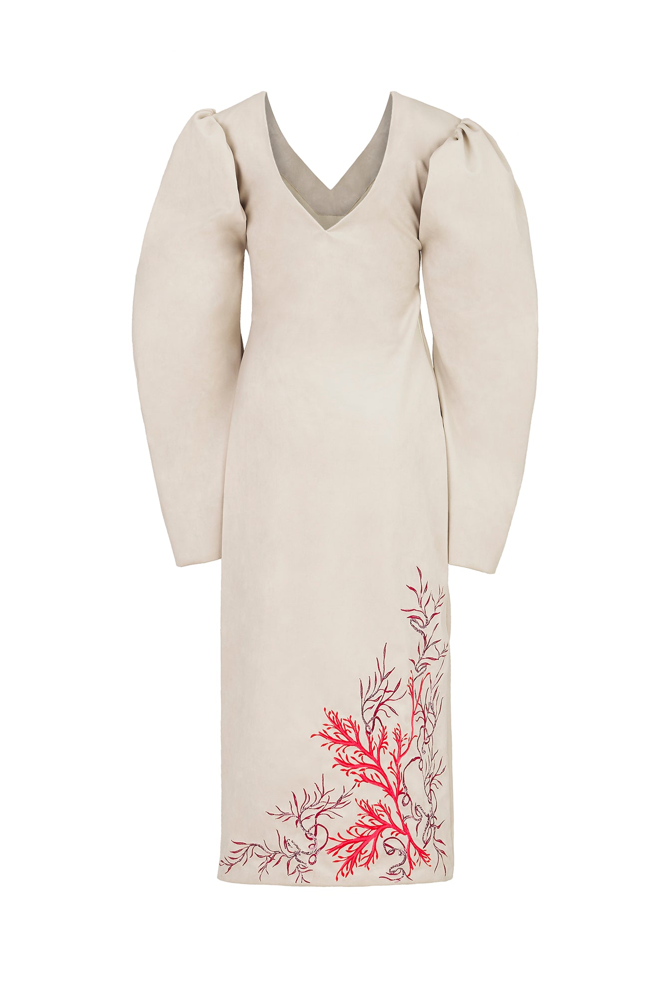 COLUMN EVENING DRESS W/ BOTANICAL EMBROIDERY