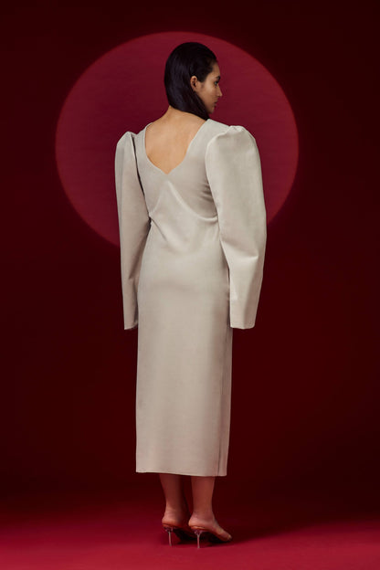 COLUMN EVENING DRESS W/ BOTANICAL EMBROIDERY