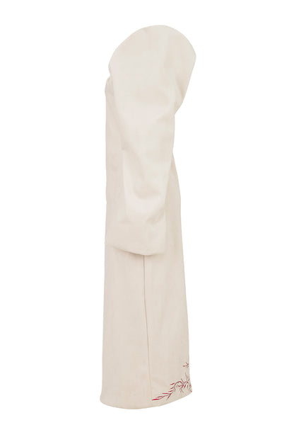 COLUMN EVENING DRESS W/ BOTANICAL EMBROIDERY