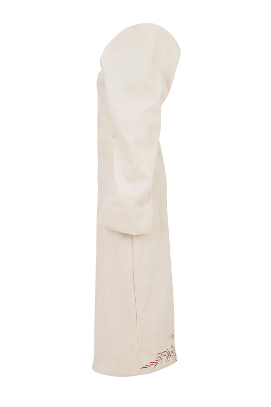 COLUMN EVENING DRESS W/ BOTANICAL EMBROIDERY