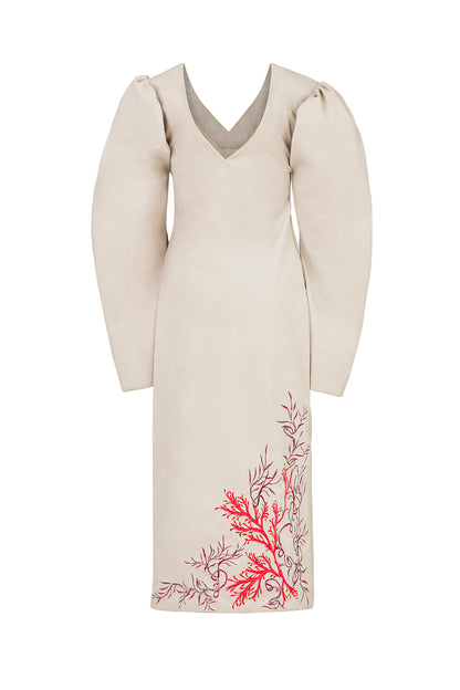 COLUMN EVENING DRESS W/ BOTANICAL EMBROIDERY